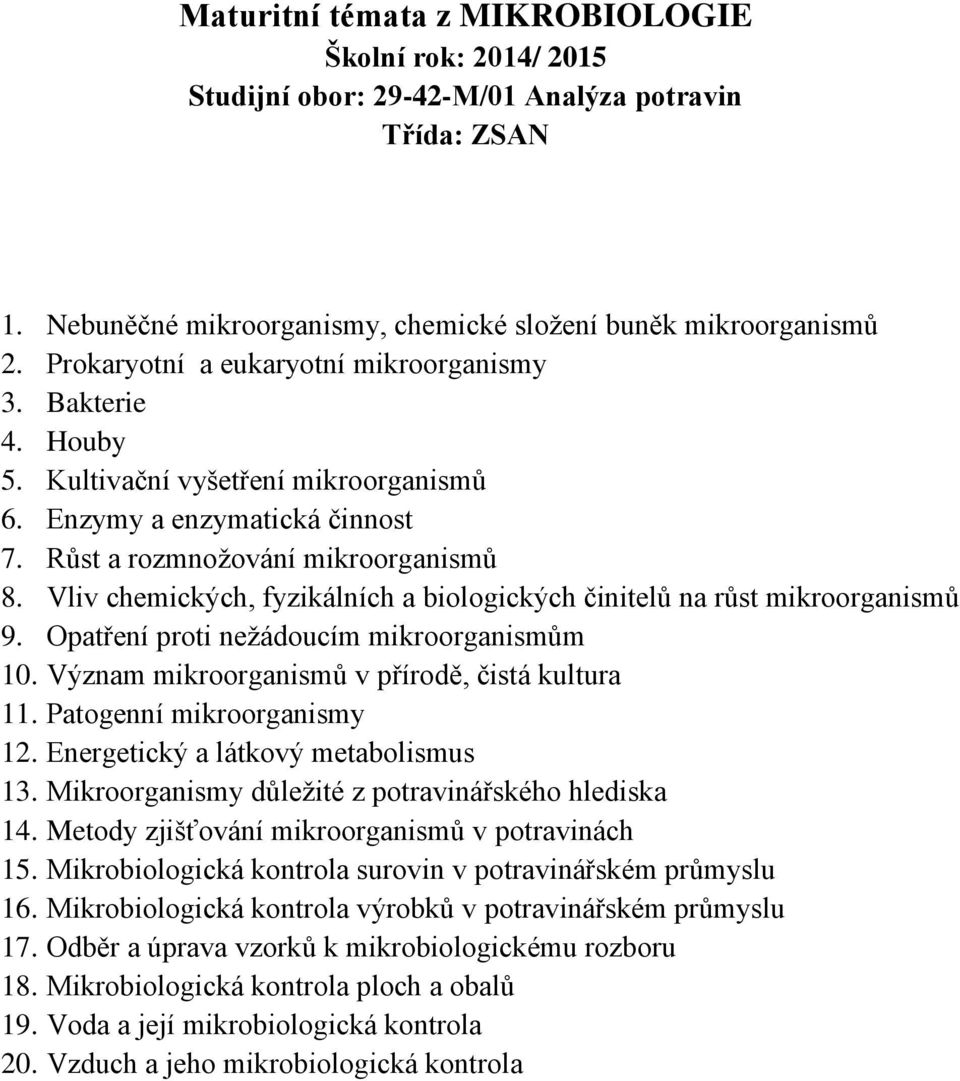 Opatření proti nežádoucím mikroorganismům 10. Význam mikroorganismů v přírodě, čistá kultura 11. Patogenní mikroorganismy 12. Energetický a látkový metabolismus 13.