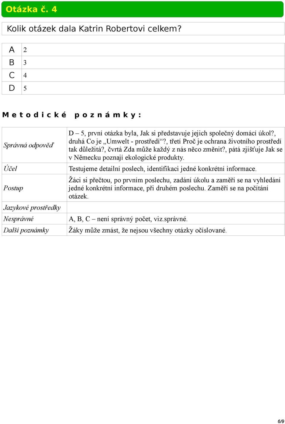 , pátá zjišťuje Jak se v Německu poznají ekologické produkty. Testujeme detailní poslech, identifikaci jedné konkrétní informace.