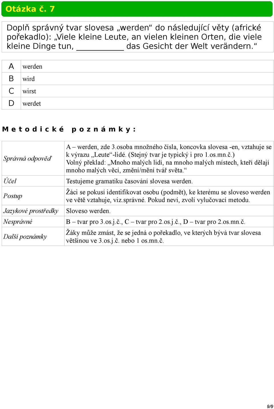 Testujeme gramatiku časování slovesa werden. Žáci se pokusí identifikovat osobu (podmět), ke kterému se sloveso werden ve větě vztahuje, viz.správné. Pokud neví, zvolí vylučovací metodu.