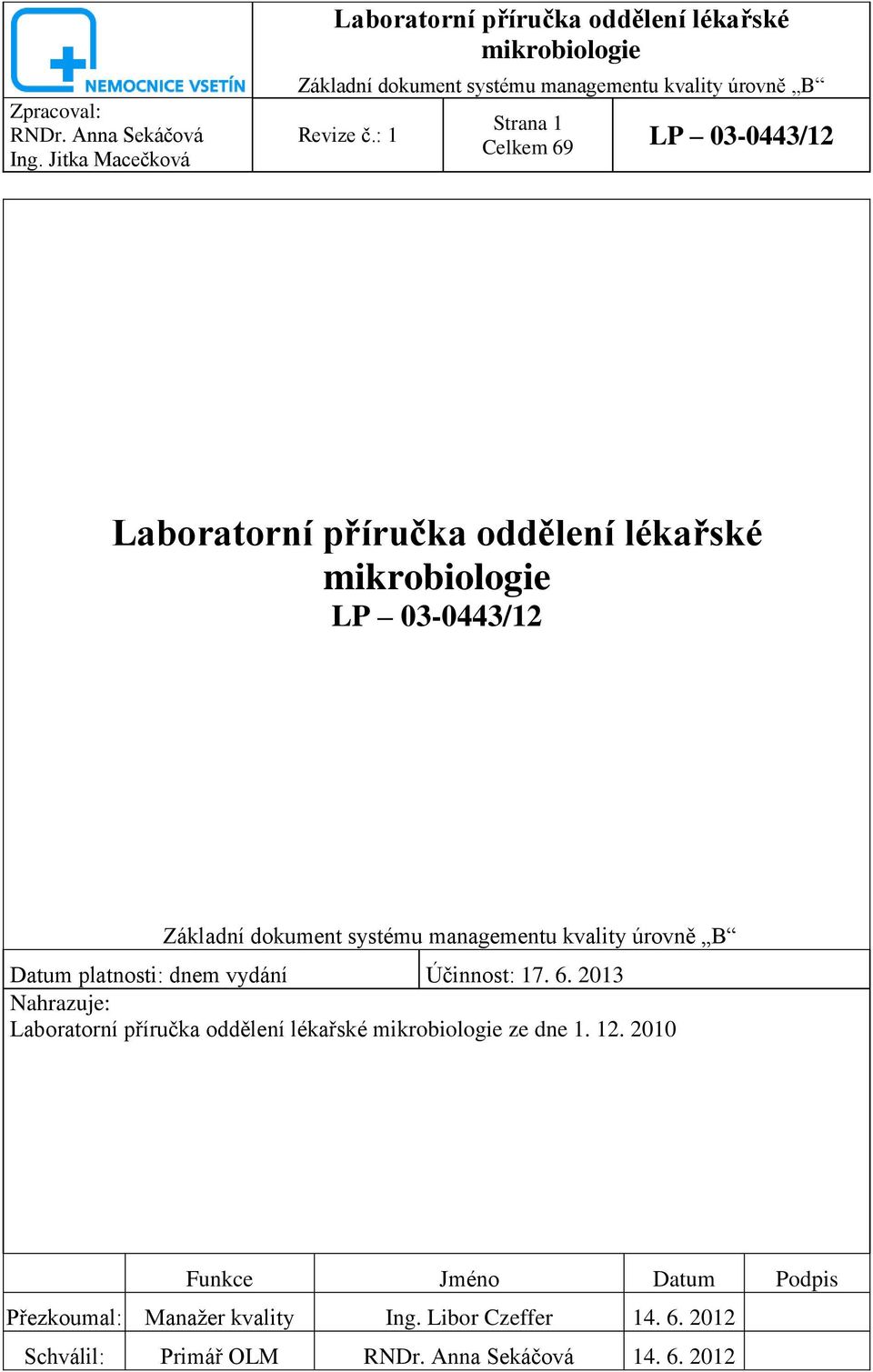 Účinnost: 17. 6. 2013 Nahrazuje: Laboratorní příručka oddělení lékařské mikrobiologie ze dne 1.