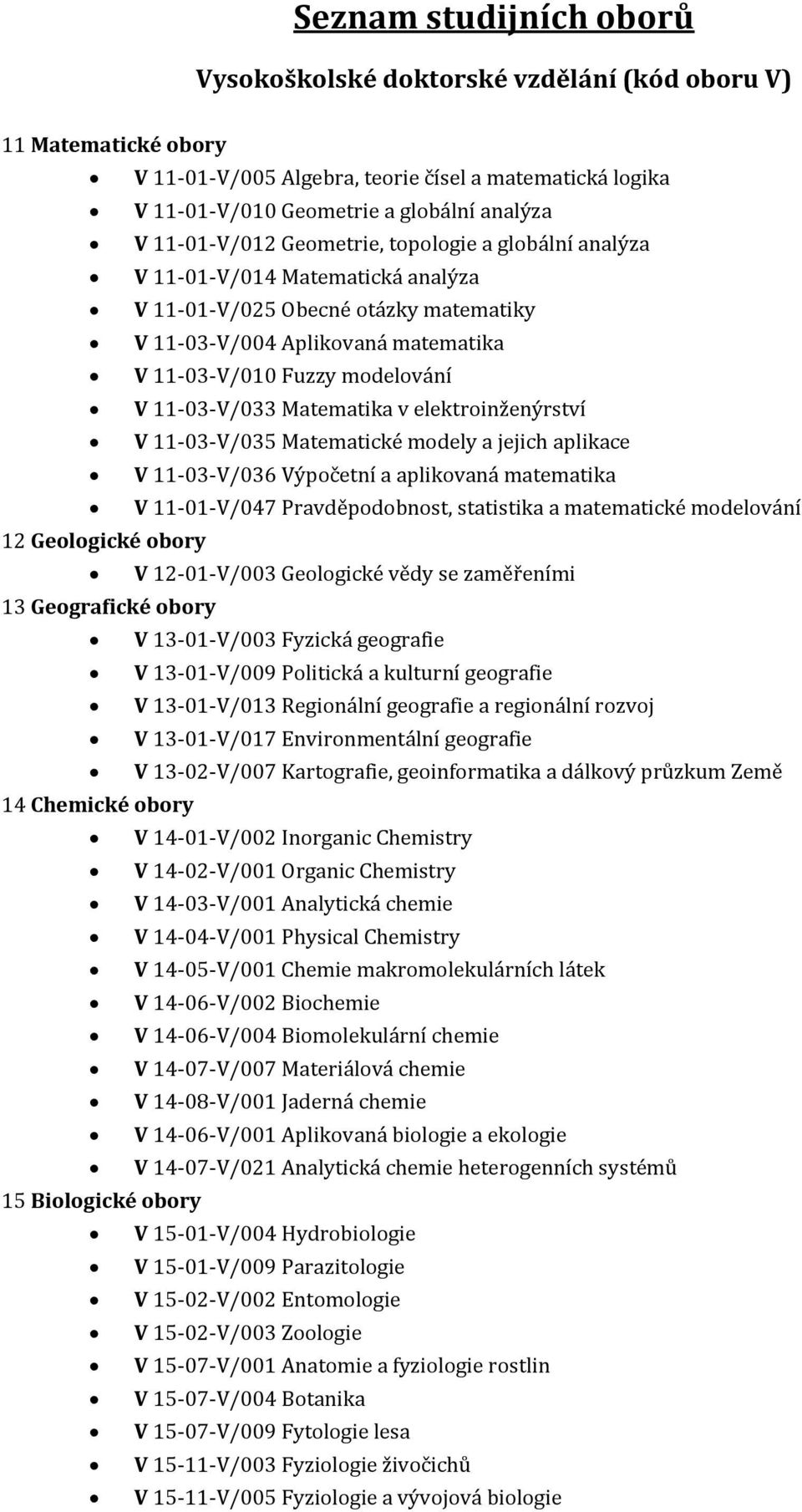 11-03-V/033 Matematika v elektroinženýrství V 11-03-V/035 Matematické modely a jejich aplikace V 11-03-V/036 Výpočetní a aplikovaná matematika V 11-01-V/047 Pravděpodobnost, statistika a matematické