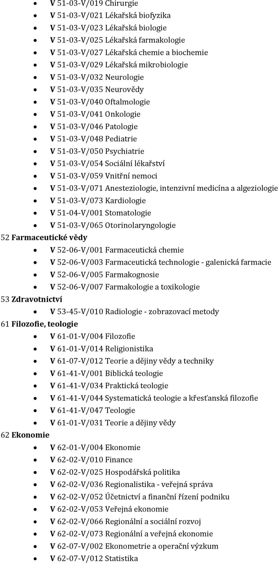 51-03-V/054 Sociální lékařství V 51-03-V/059 Vnitřní nemoci V 51-03-V/071 Anesteziologie, intenzivní medicína a algeziologie V 51-03-V/073 Kardiologie V 51-04-V/001 Stomatologie V 51-03-V/065