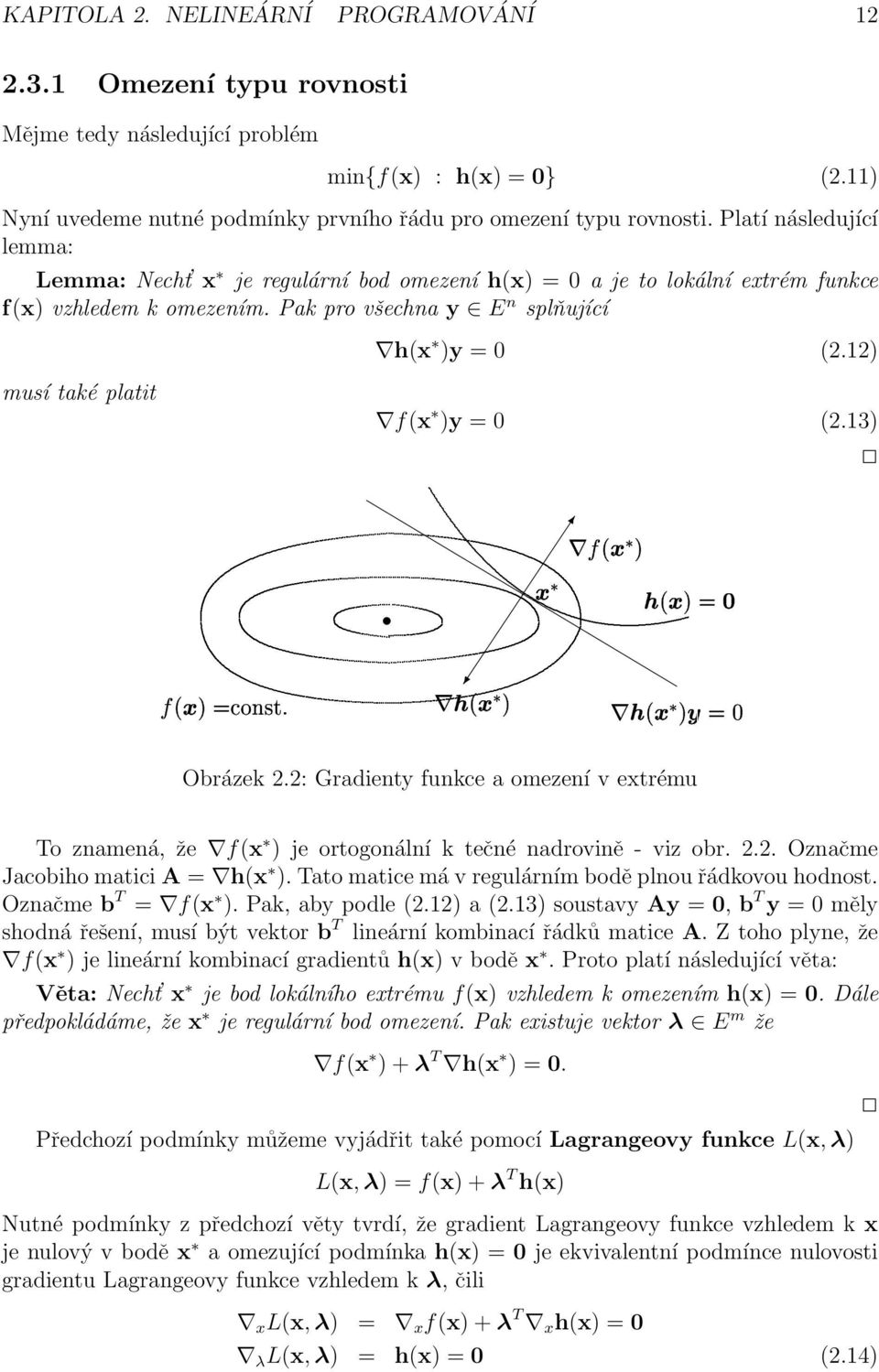 12) musí také platit f(x )y = 0 (2.13)! Obrázek 2.2: Gradienty funkce a omezení v extrému To znamená, že f(x ) je ortogonální k tečné nadrovině - viz obr. 2.2. Označme Jacobiho matici A = h(x ).