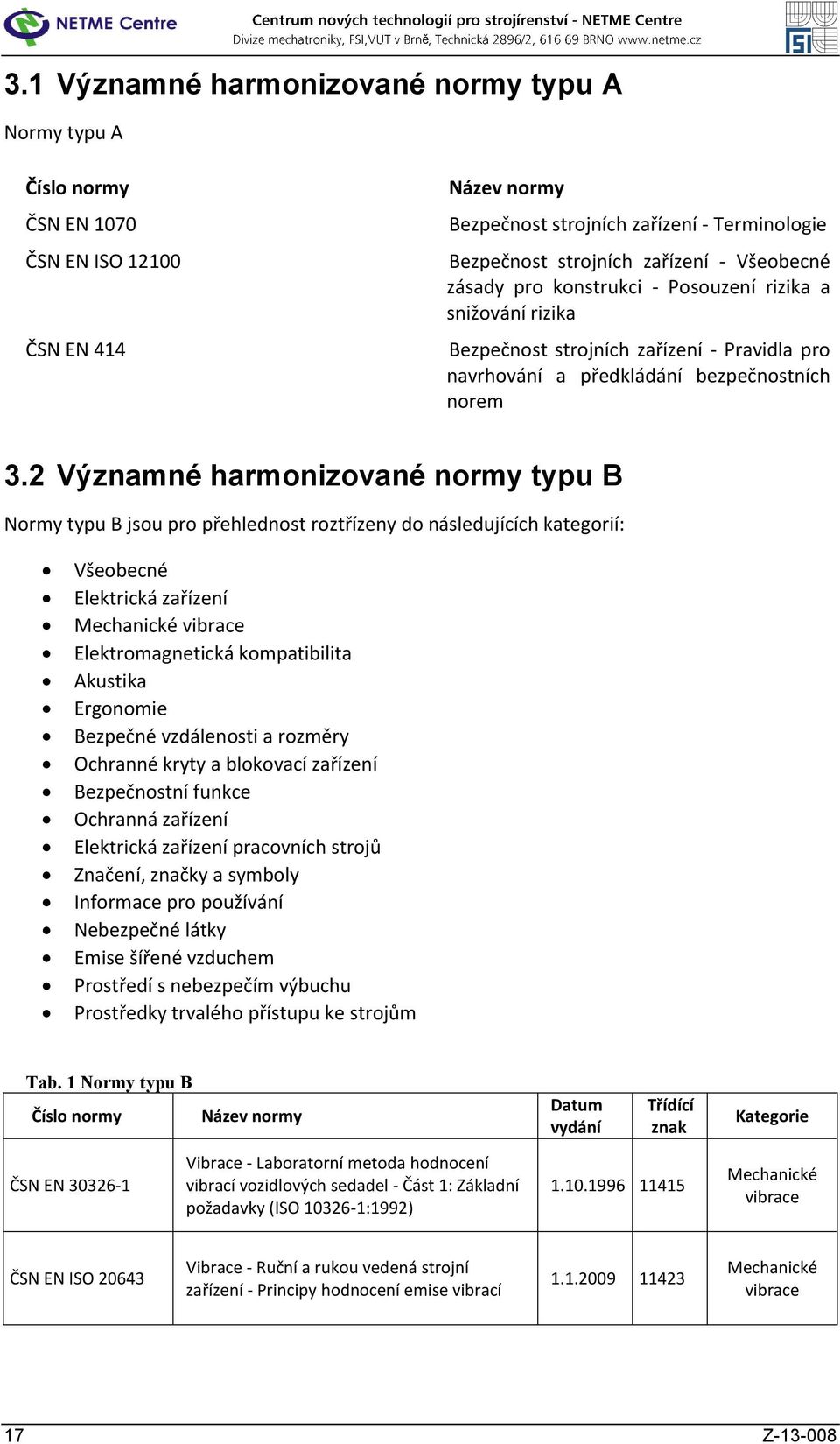 2 Významné harmonizované normy typu B Normy typu B jsou pro přehlednost roztřízeny do následujících kategorií: Všeobecné Elektrická zařízení Mechanické vibrace Elektromagnetická kompatibilita