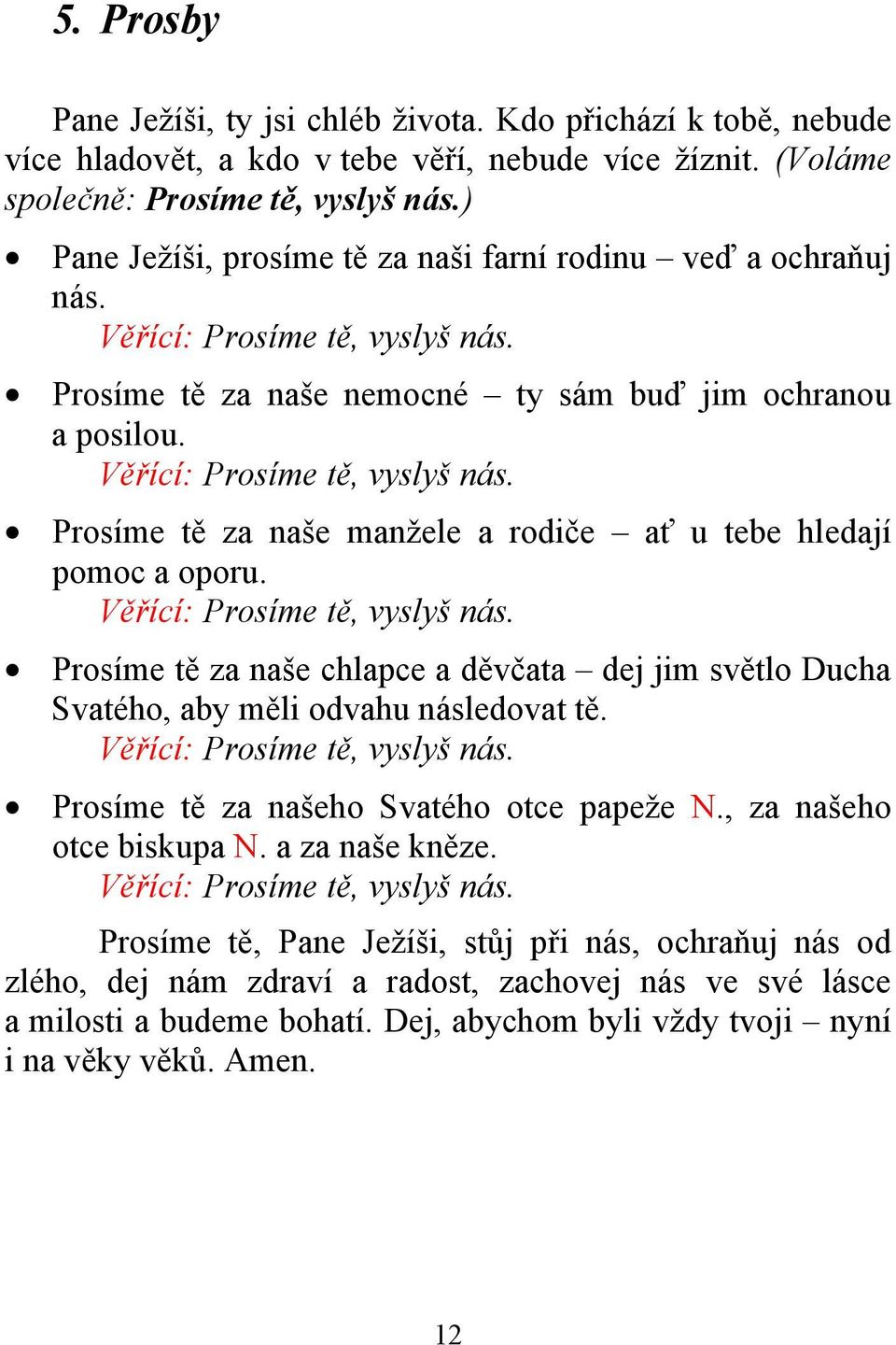 Věřící: Prosíme tě, vyslyš nás. Prosíme tě za naše chlapce a děvčata dej jim světlo Ducha Svatého, aby měli odvahu následovat tě. Věřící: Prosíme tě, vyslyš nás.