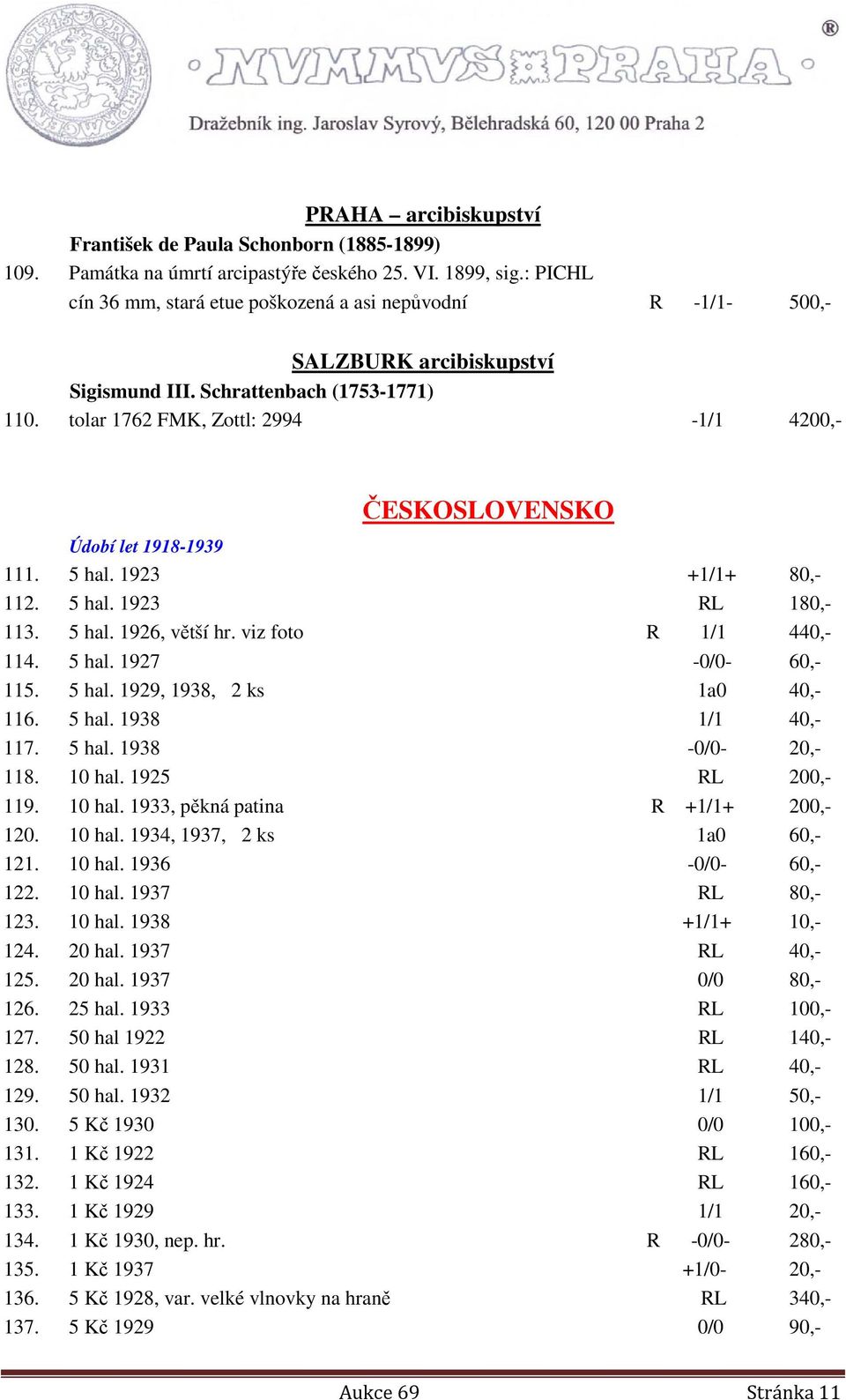 tolar 1762 FMK, Zottl: 2994-1/1 4200,- ČESKOSLOVENSKO Údobí let 1918-1939 111. 5 hal. 1923 +1/1+ 80,- 112. 5 hal. 1923 RL 180,- 113. 5 hal. 1926, větší hr. viz foto R 1/1 440,- 114. 5 hal. 1927-0/0-60,- 115.