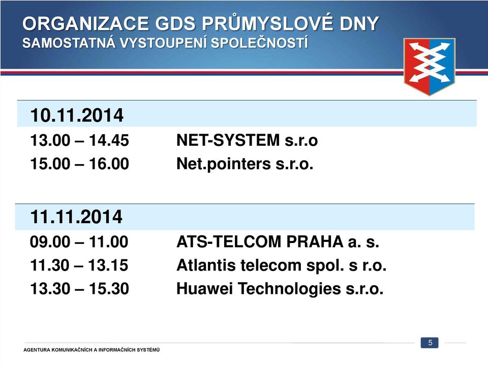 11.2014 09.00 11.00 ATS-TELCOM PRAHA a. s. 11.30 13.