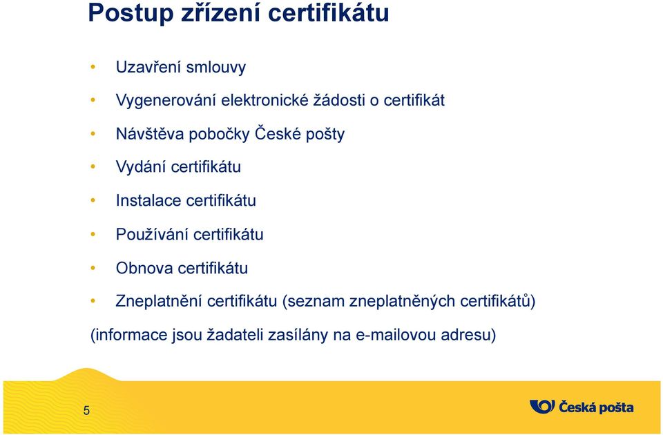 certifikátu Používání certifikátu Obnova certifikátu Zneplatnění certifikátu