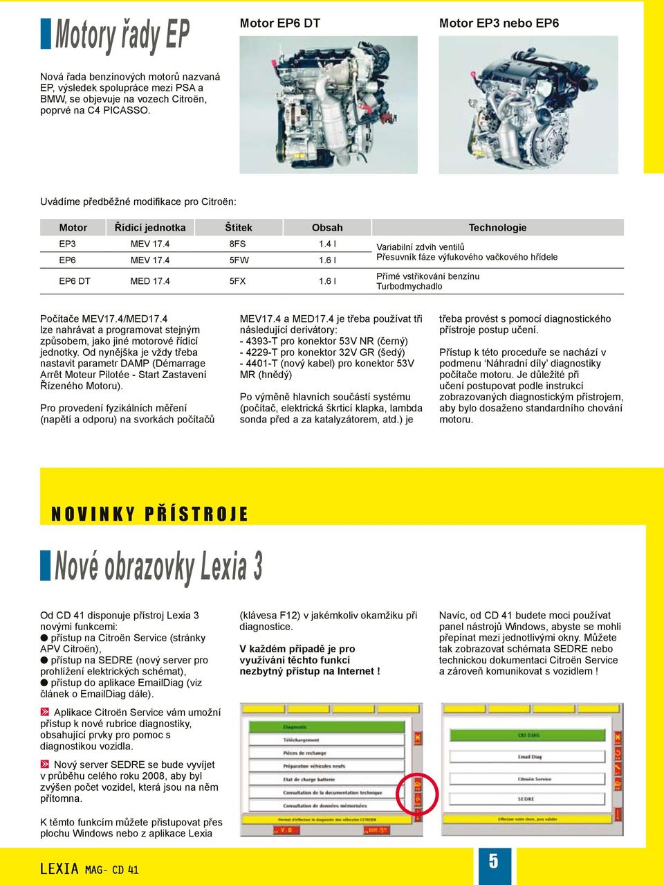 6 l Přesuvník fáze výfukového vačkového hřídele EP6 DT MED 17.4 5FX 1.6 l Přímé vstřikování benzínu Turbodmychadlo Počítače MEV17.4/MED17.