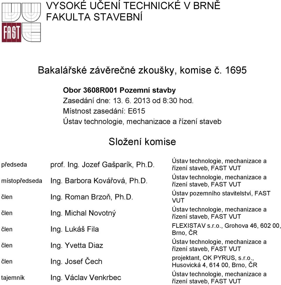 D. Ing. Roman Brzoň, Ph.D. Ing. Michal Novotný Ing. Lukáš Fila Ing. Yvetta Diaz Ing. Josef Čech Ing.