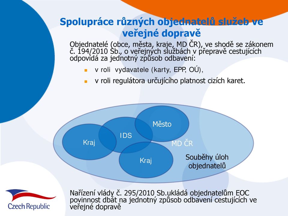 , o veřejných službách v přepravě cestujících odpovídá za jednotný způsob odbavení: v roli vydavatele (karty, EPP, OÚ),