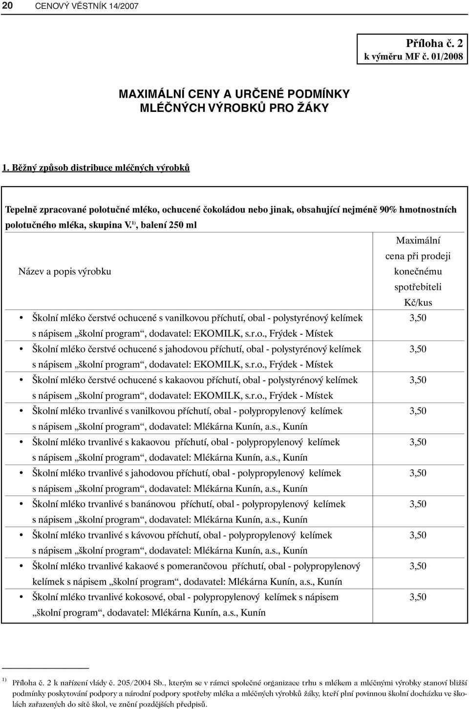 1), balení 250 ml Maximální cena při prodeji Název a popis výrobku konečnému spotřebiteli Kč/kus Školní mléko čerstvé ochucené s vanilkovou příchutí, obal - polystyrénový kelímek 3,50 s nápisem