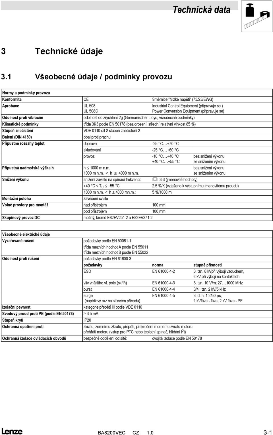 se ) Power Conversion Equipment (připravuje se) odolnost do zrychlení 2g (Germanischer Lloyd, všeobecné podmínky) Klimatické podmínky třída 3K3 podle EN 50178 (bez orosení, střední relativní vlhkost