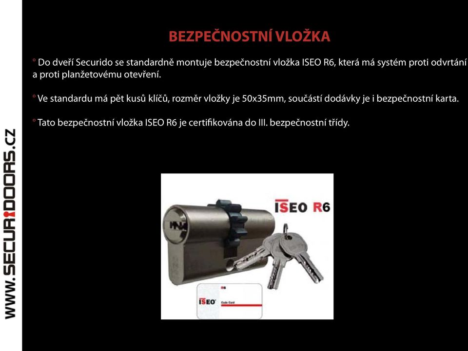Ve standardu má pět kusů klíčů, rozměr vložky je 50x35mm, součástí dodávky je i