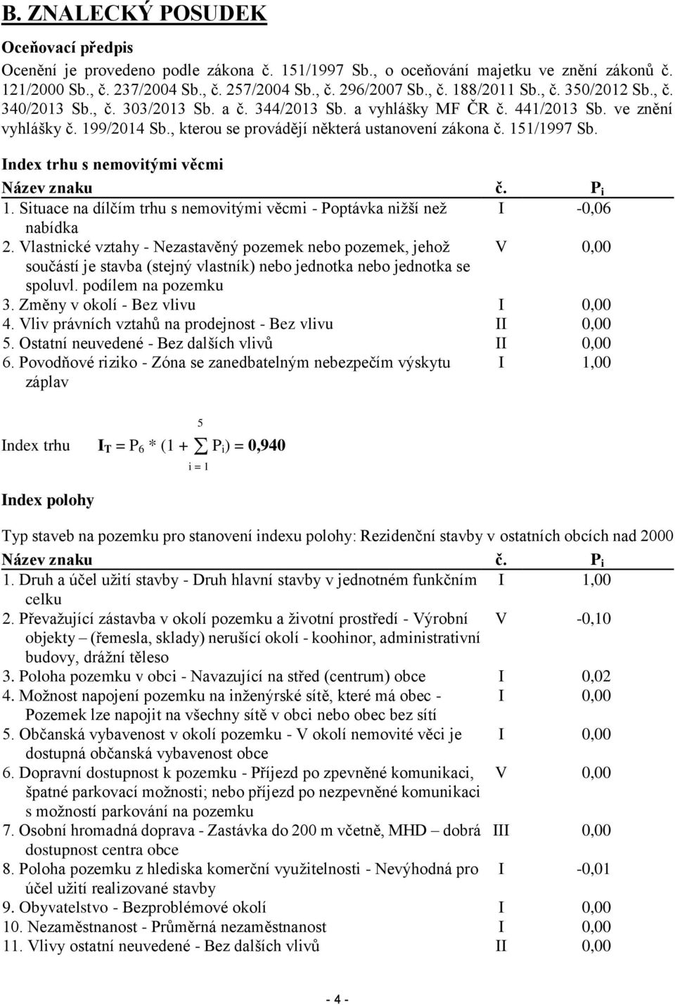 Index trhu s nemovitými věcmi Název znaku č. P i 1. Situace na dílčím trhu s nemovitými věcmi - Poptávka nižší než I -0,06 nabídka 2.