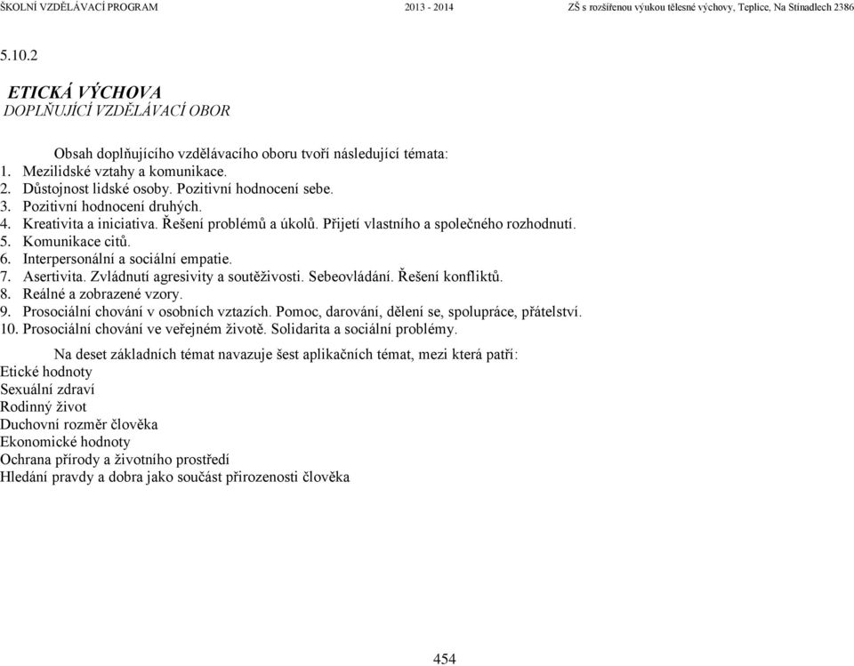 Interpersonální a sociální empatie. 7. Asertivita. Zvládnutí agresivity a soutěživosti. Sebeovládání. Řešení konfliktů. 8. Reálné a zobrazené vzory.. Prosociální chování v osobních vztazích.