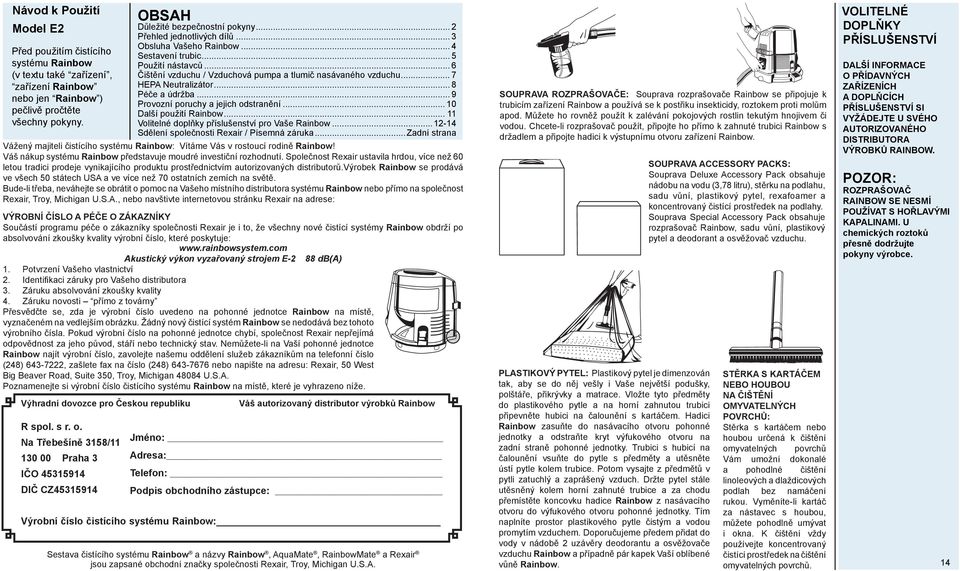 Návod k Použití SDĚLENÍ SPOLEČNOSTI REXAIR PÍSEMNÁ ZÁRUKA - PDF Stažení  zdarma