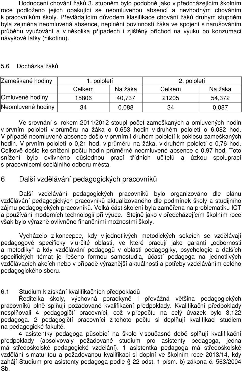 íchod na výuku po konzumaci návykové látky (nikotinu). 5.6 Docházka žák Zameškané hodiny 1. pololetí 2.