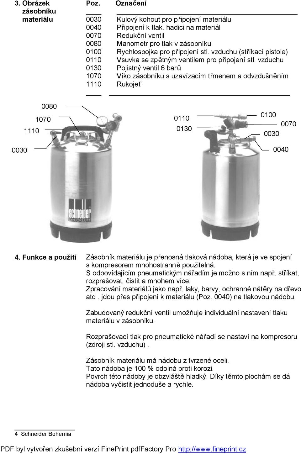 vzduchu 0130 Pojistný ventil 6 barů 1070 Víko zásobníku s uzavízacím třmenem a odvzdušněním 1110 Rukojeť 0080 1070 1110 0030 0110 0130 0100 0070 0030 0040 4.