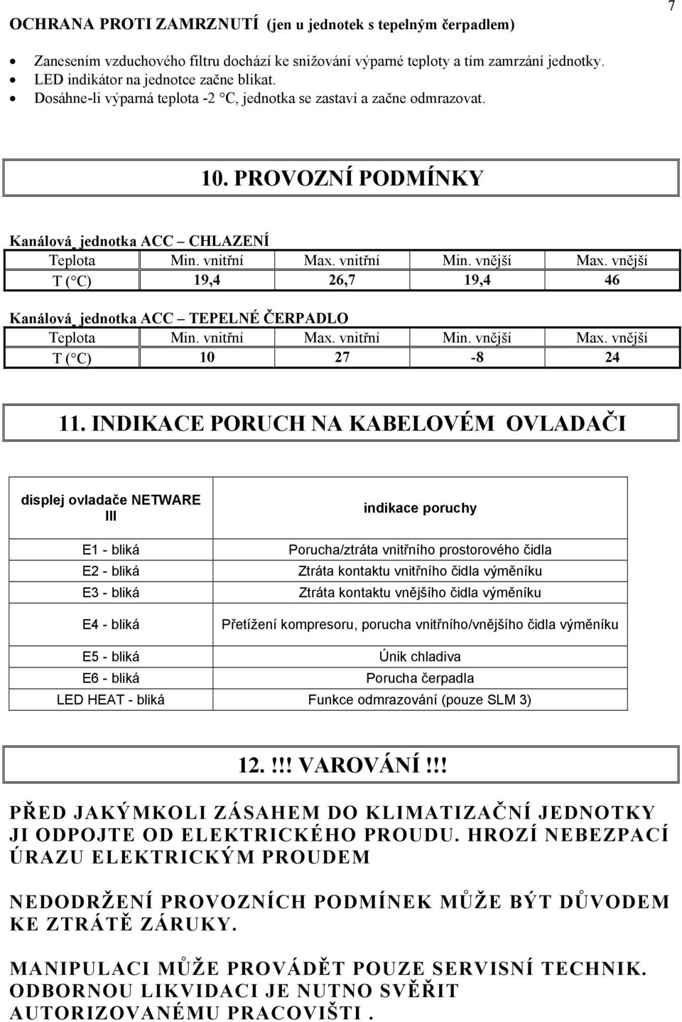 vnější T ( C) 19,4 26,7 19,4 46 Kanálová jednotka ACC TEPELNÉ ČERPADLO Teplota Min. vnitřní Max. vnitřní Min. vnější Max. vnější T ( C) 10 27-8 24 11.