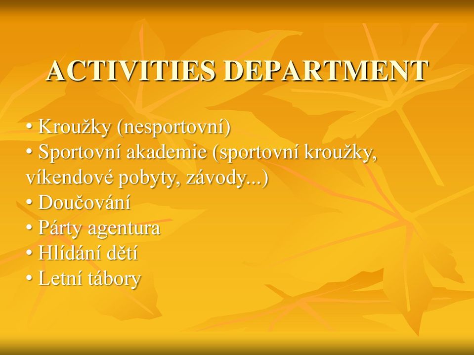 (sportovní kroužky, víkendové pobyty,