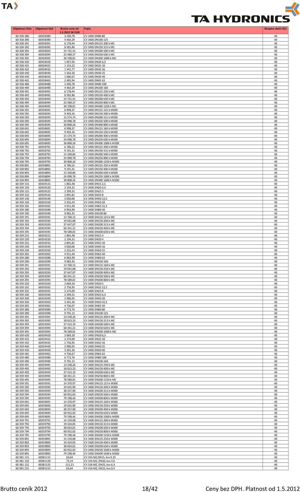 6,3 40 60358425 60358425 1154,22 CV 340S DN25 10 40 60358432 60358432 1441,77 CV 340S DN32 16 40 60358440 60358440 1564,20 CV 340S DN40 25 40 60358450 60358450 1686,67 CV 340S DN50 40 40 60358465