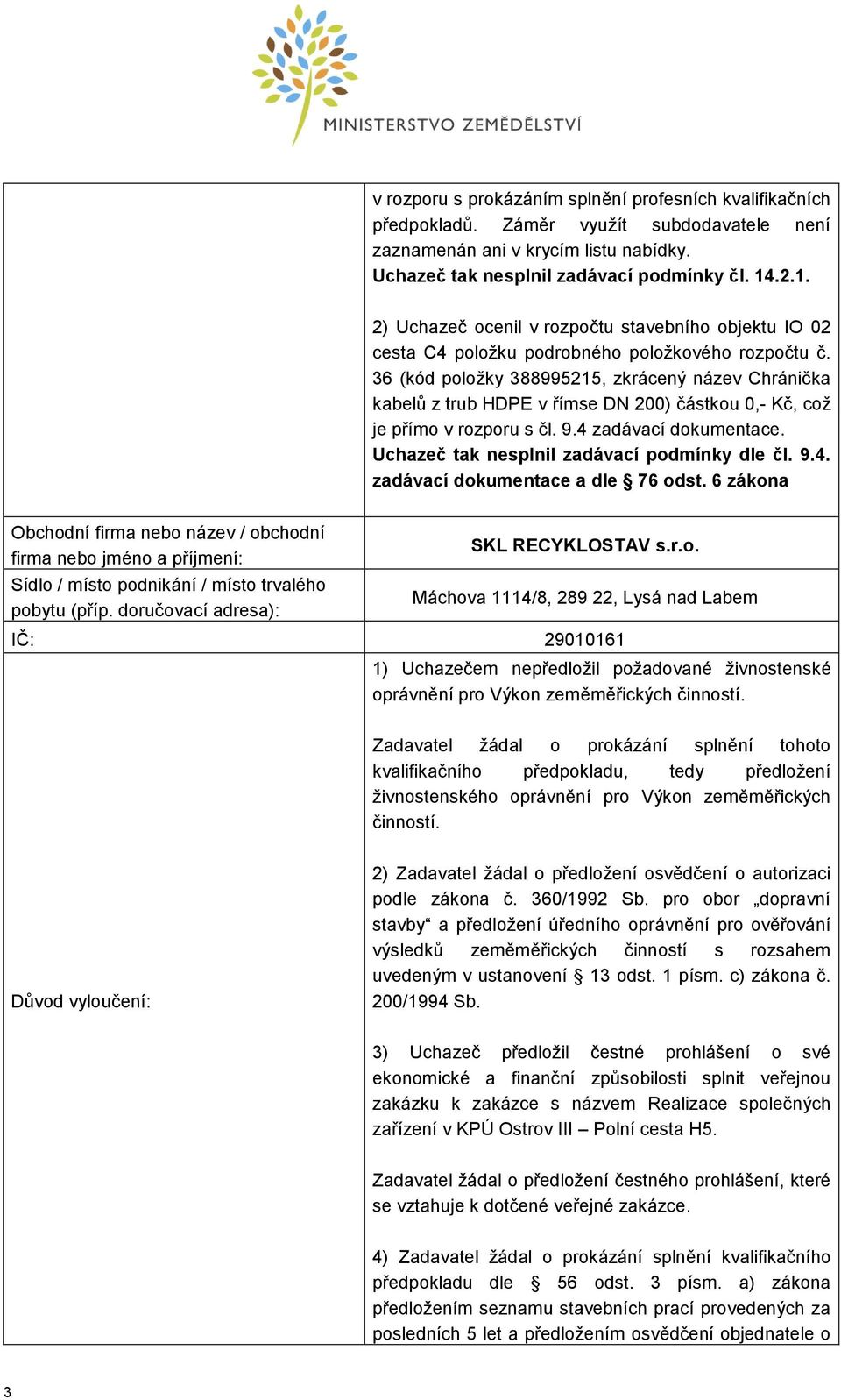 36 (kód položky 388995215, zkrácený název Chránička kabelů z trub HDPE v římse DN 200) částkou 0,- Kč, což je přímo v rozporu s čl. 9.4 zadávací dokumentace.