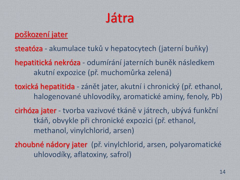 ethanol, halogenované uhlovodíky, aromatické aminy, fenoly, Pb) cirhóza jater - tvorba vazivové tkáně v játrech, ubývá funkční tkáň,