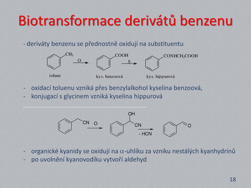 hippurová - oxidací toluenu vzniká přes benzylalkohol kyselina benzoová, - konjugací s glycinem vzniká kyselina