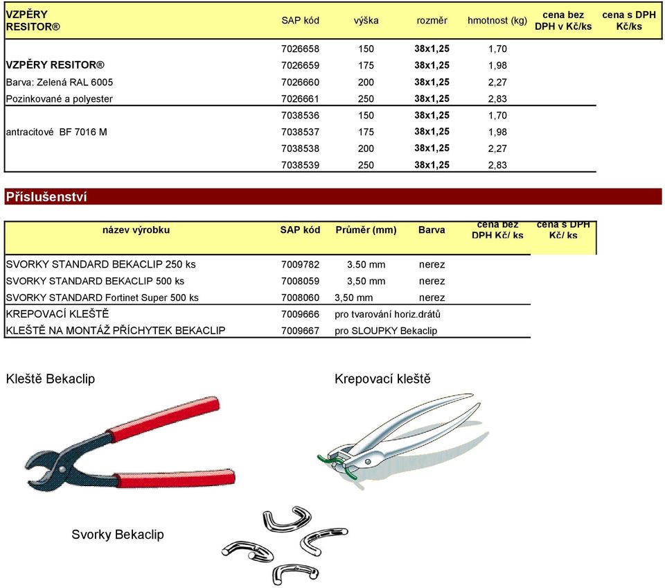 3. mm nerez SVORKY STANDARD BEKACLIP 0 7008059 3, mm nerez SVORKY STANDARD Fortinet Super 0 7008060 3, mm KREPOVACÍ KLEŠTĚ 7009666 pro tvarování horiz.