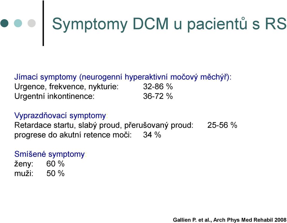 symptomy: Retardace startu, slabý proud, přerušovaný proud: 25-56 % progrese do akutní