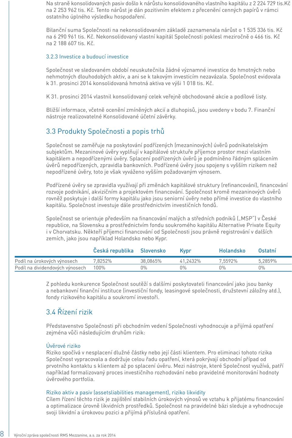 Bilanční suma Společnosti na nekonsolidovaném základě zaznamenala nárůst o 1 535 336 tis. Kč na 6 290 961 tis. Kč. Nekonsolidovaný vlastní kapitál Společnosti poklesl meziročně o 466 tis.