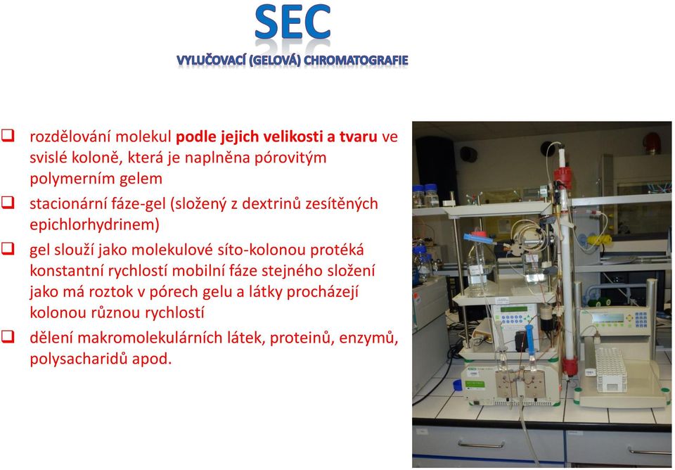 mobilní fáze stejného složení jako má roztok v pórech gelu a látky procházejí kolonou různou rychlostí dělení makromolekulárních