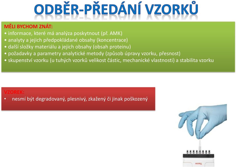 parametry analytické metody (způsob úpravy vzorku, přesnost) skupenství vzorku (u tuhých vzorků velikost částic, mechanické