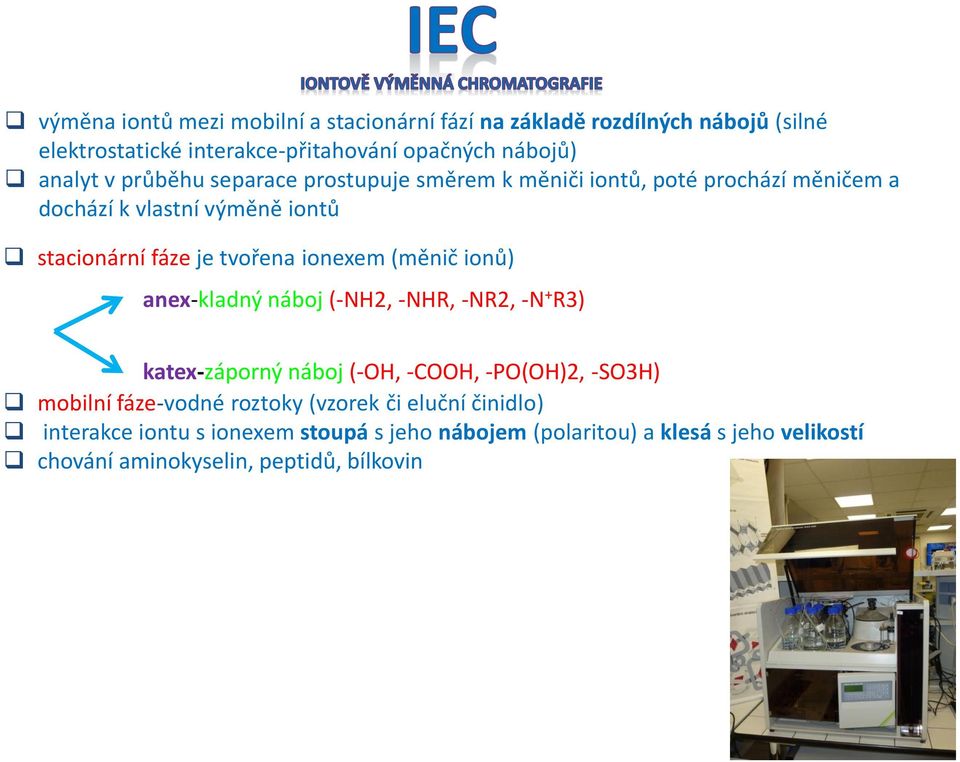náboj (-NH2, -NHR, -NR2, -N + R3) katex-záporný náboj (-OH, -COOH, -PO(OH)2, -SO3H) mobilní fáze-vodné roztoky (vzorek či eluční činidlo) interakce iontu s