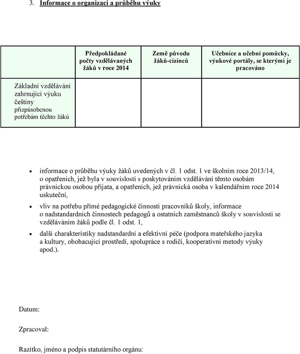 1 ve školním roce 2013/14, o opatřeních, jež byla v souvislosti s poskytováním vzdělávání těmto osobám právnickou osobou přijata, a opatřeních, jež právnická osoba v kalendářním roce 2014 uskuteční,