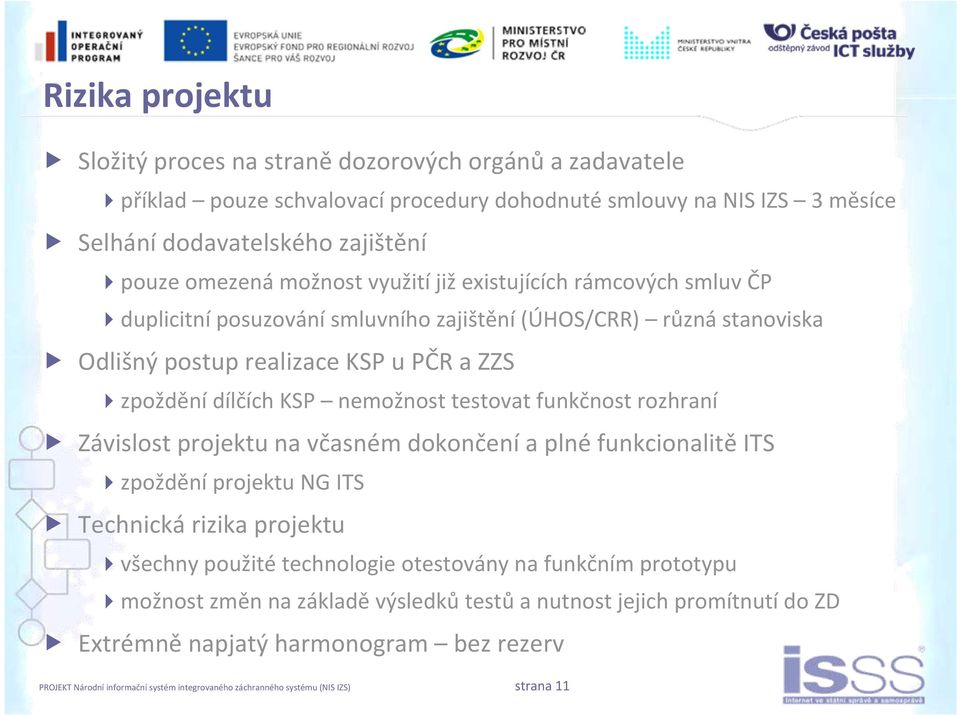 testovat funkčnost rozhraní Závislost projektu na včasném dokončení a plné funkcionalitě ITS zpoždění projektu NG ITS Technická rizika projektu všechny použité technologie otestovány na funkčním