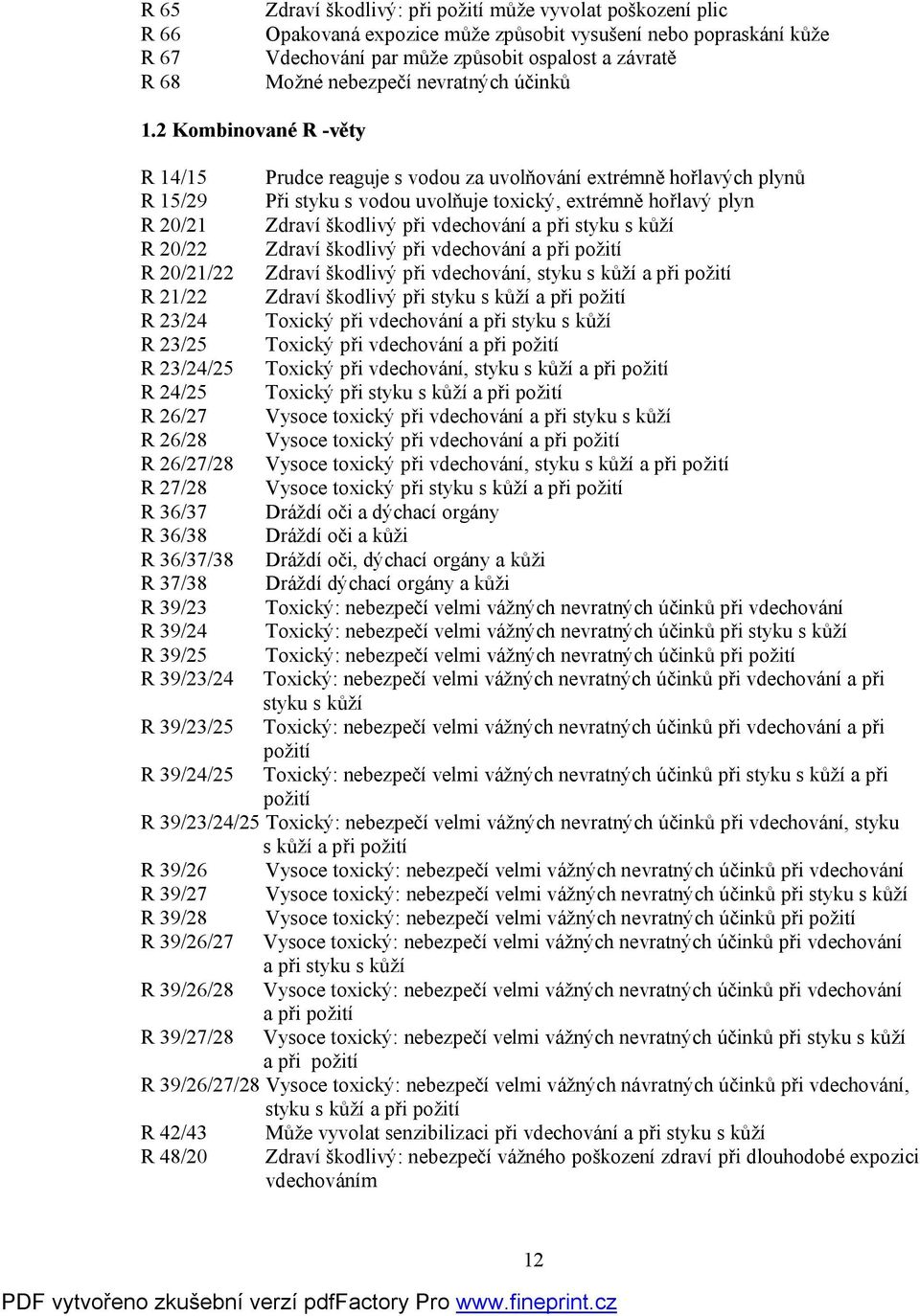 2 Kombinované R -věty R 14/15 Prudce reaguje s vodou za uvolňování extrémně hořlavých plynů R 15/29 Při styku s vodou uvolňuje toxický, extrémně hořlavý plyn R 20/21 Zdraví škodlivý při vdechování a