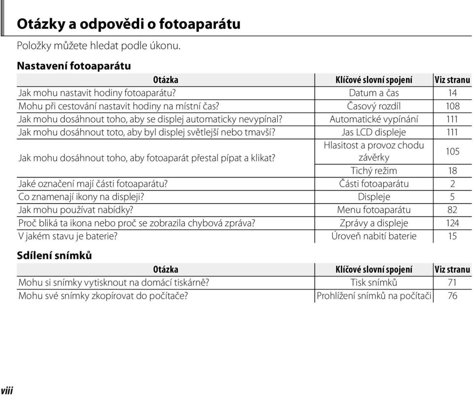 Automatické vypínání 111 Jak mohu dosáhnout toto, aby byl displej světlejší nebo tmavší? Jas LCD displeje 111 Hlasitost a provoz chodu Jak mohu dosáhnout toho, aby fotoaparát přestal pípat a klikat?