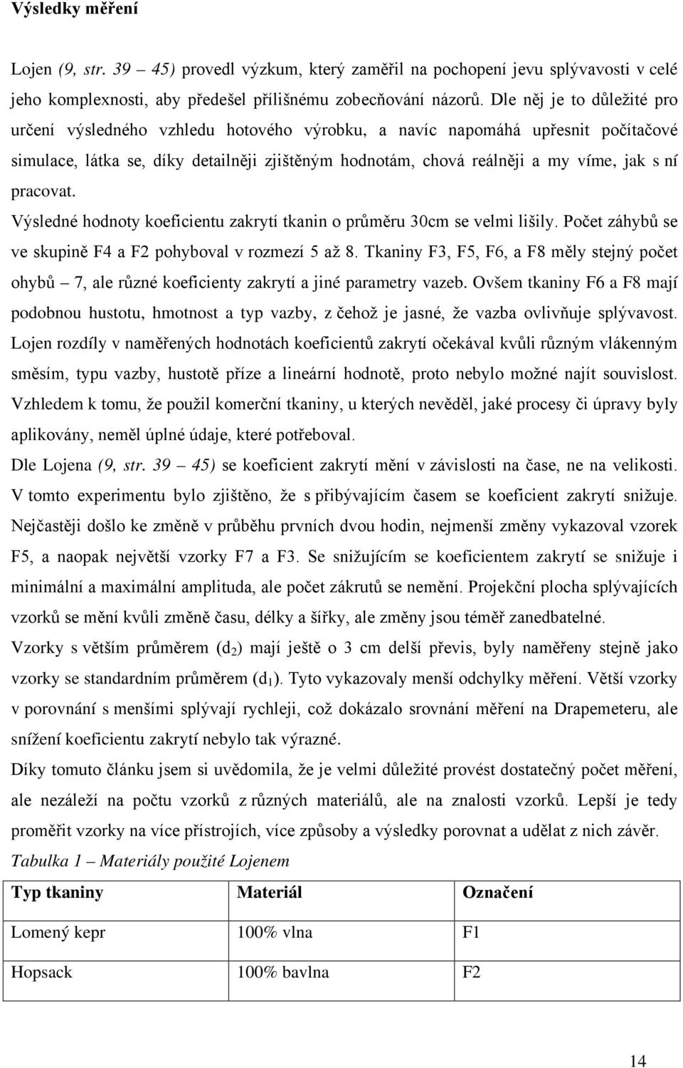pracovat. Výsledné hodnoty koeficientu zakrytí tkanin o průměru 30cm se velmi lišily. Počet záhybů se ve skupině F4 a F2 pohyboval v rozmezí 5 až 8.