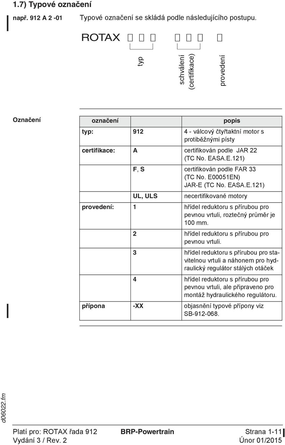 certifikován podle JAR 22 (TC No. EASA.E.121) F, S certifikován podle FAR 33 (TC No. E00051EN) JAR-E (TC No. EASA.E.121) UL, ULS necertifikované motory provedení: 1 h ídel reduktoru s p írubou pro pevnou vrtuli, rozte ný pr m r je 100 mm.