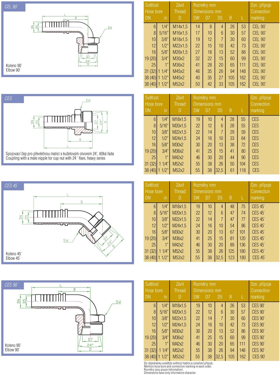 CEL 90 38 (40) 1 1/2" M52x2 50 42 33 105 162 CEL 90 CES Spojovací čep pro převlečnou matici s kuželovým otvorem 24, těžká řada Coupling with a male nipple for cup nut with 24 flare, heavy series DN