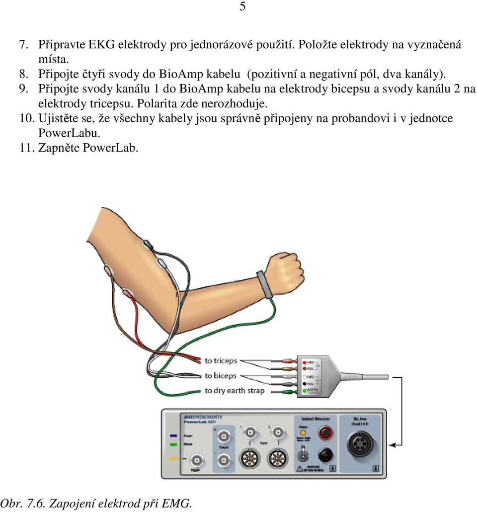 Připojte svody kanálu 1 do BioAmp kabelu na elektrody bicepsu a svody kanálu 2 na elektrody tricepsu.