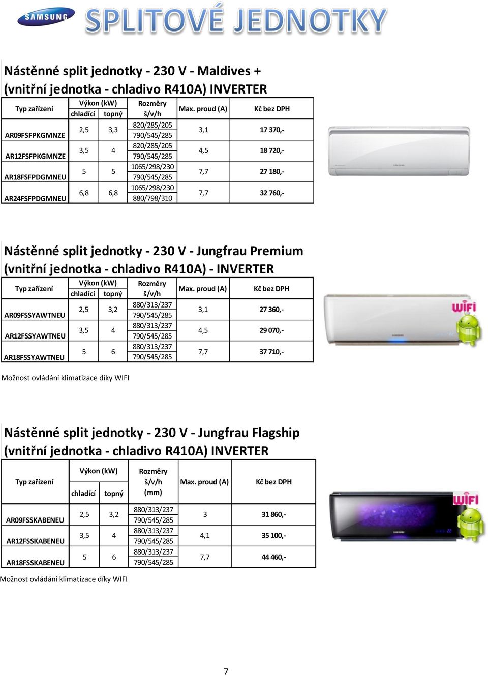 180,- 32 760,- Nástěnné split jednotky - 230 V - Jungfrau Premium (vnitřní jednotka - chladivo R410A) - INVERTER Typ zařízení Rozměry chladící topný š/v/h Max.