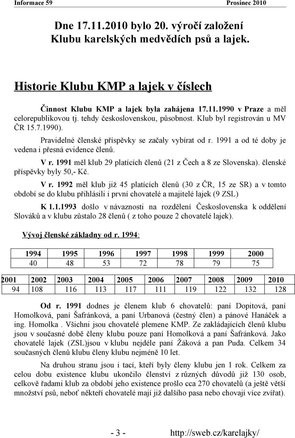 1991 měl klub 29 platících členů (21 z Čech a 8 ze Slovenska). členské příspěvky byly 50,- Kč. V r.