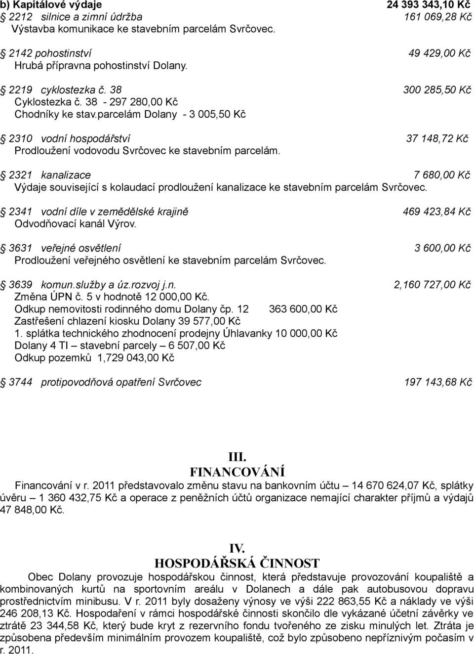 parcelám Dolany - 3 005,50 Kč 2310 vodní hospodářství 37 148,72 Kč Prodloužení vodovodu Svrčovec ke stavebním parcelám.