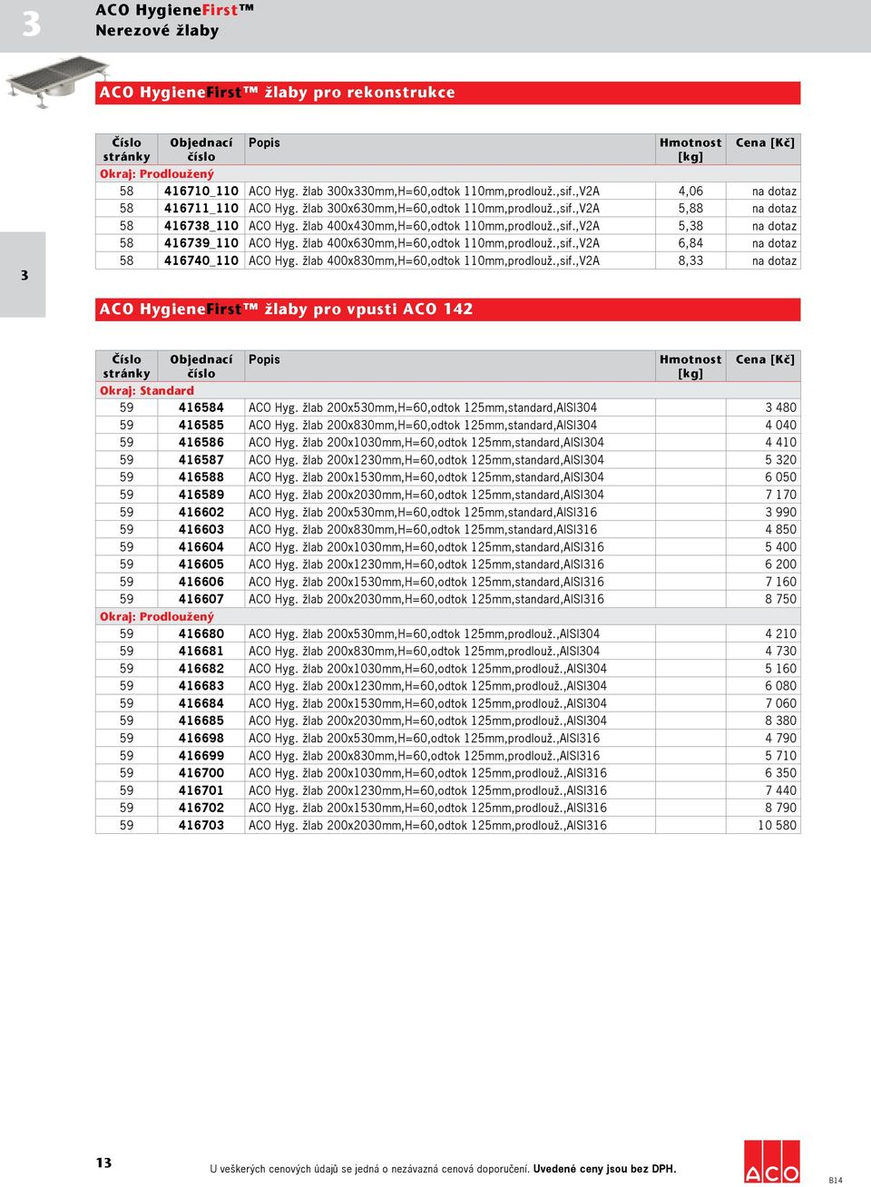 žlab 400x630mm,H=60,odtok 110mm,prodlouž.,sif.,V2A 6,84 na dotaz 58 416740_110 ACO Hyg. žlab 400x830mm,H=60,odtok 110mm,prodlouž.,sif.,V2A 8,33 na dotaz ACO HygieneFirst žlaby pro vpusti ACO 142 Okraj: Standard 59 416584 ACO Hyg.