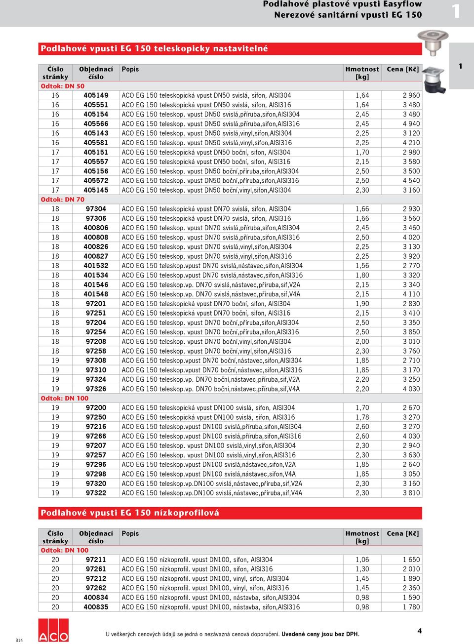 vpust DN50 svislá,příruba,sifon,aisi304 2,45 3 480 16 405566 ACO EG 150 teleskop. vpust DN50 svislá,příruba,sifon,aisi316 2,45 4 940 16 405143 ACO EG 150 teleskop.