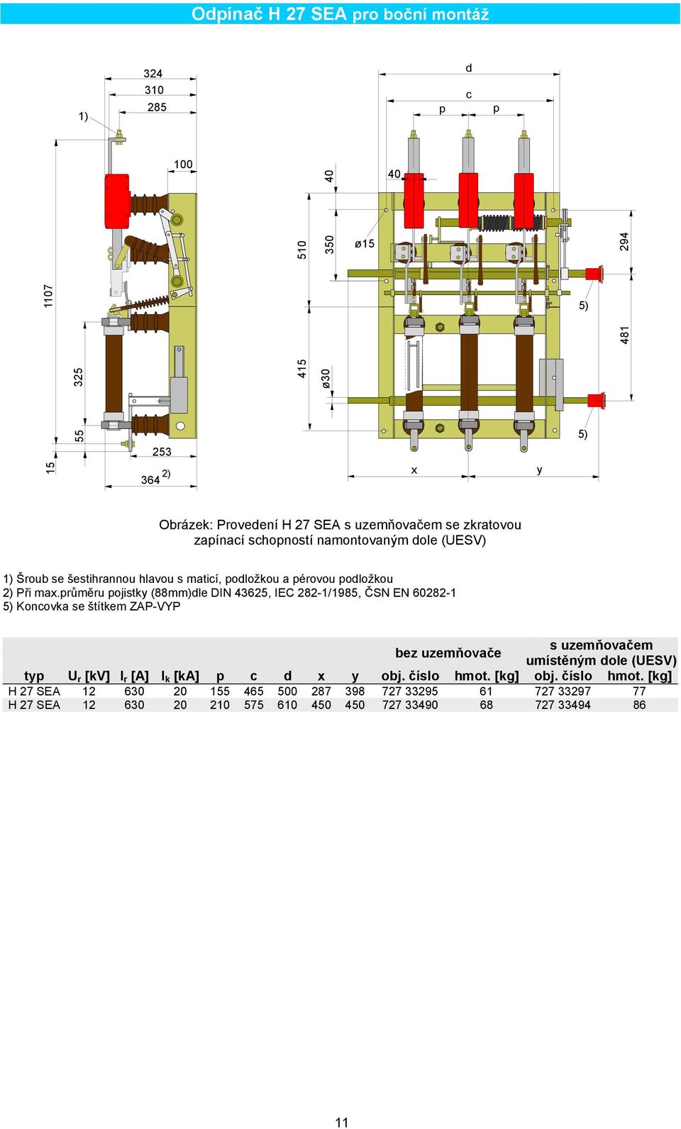 max.růměru ojistky (88mm)dle DIN 43625, IEC 282-1/1985, ČSN EN 60282-1 5) Konovka se štítkem ZAP-VYP ty U r [kv] I r [A] I k [ka] d