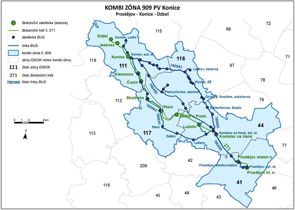 909 zóny IDSOK mimo kombi zónu 111 číslo zóny IDSOK 271 číslo železniční trati 780490 číslo linky BUS 119 Konice 116 111 97 Křemenec Čunín Konice, aut. st.